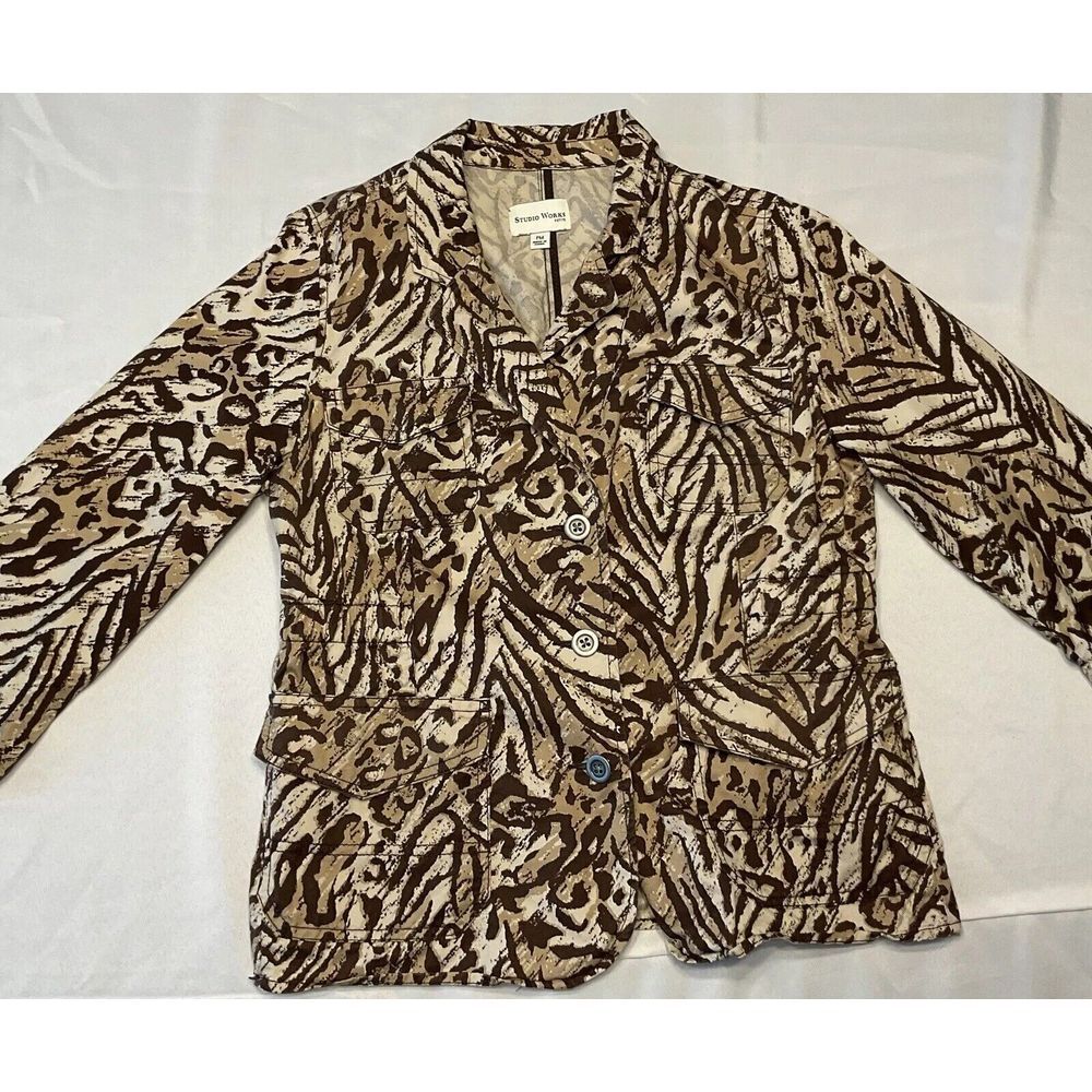 Studio Works Petite Womens 3 Button Cotton Jacket Medium Animal Print 3/4 Sleeve